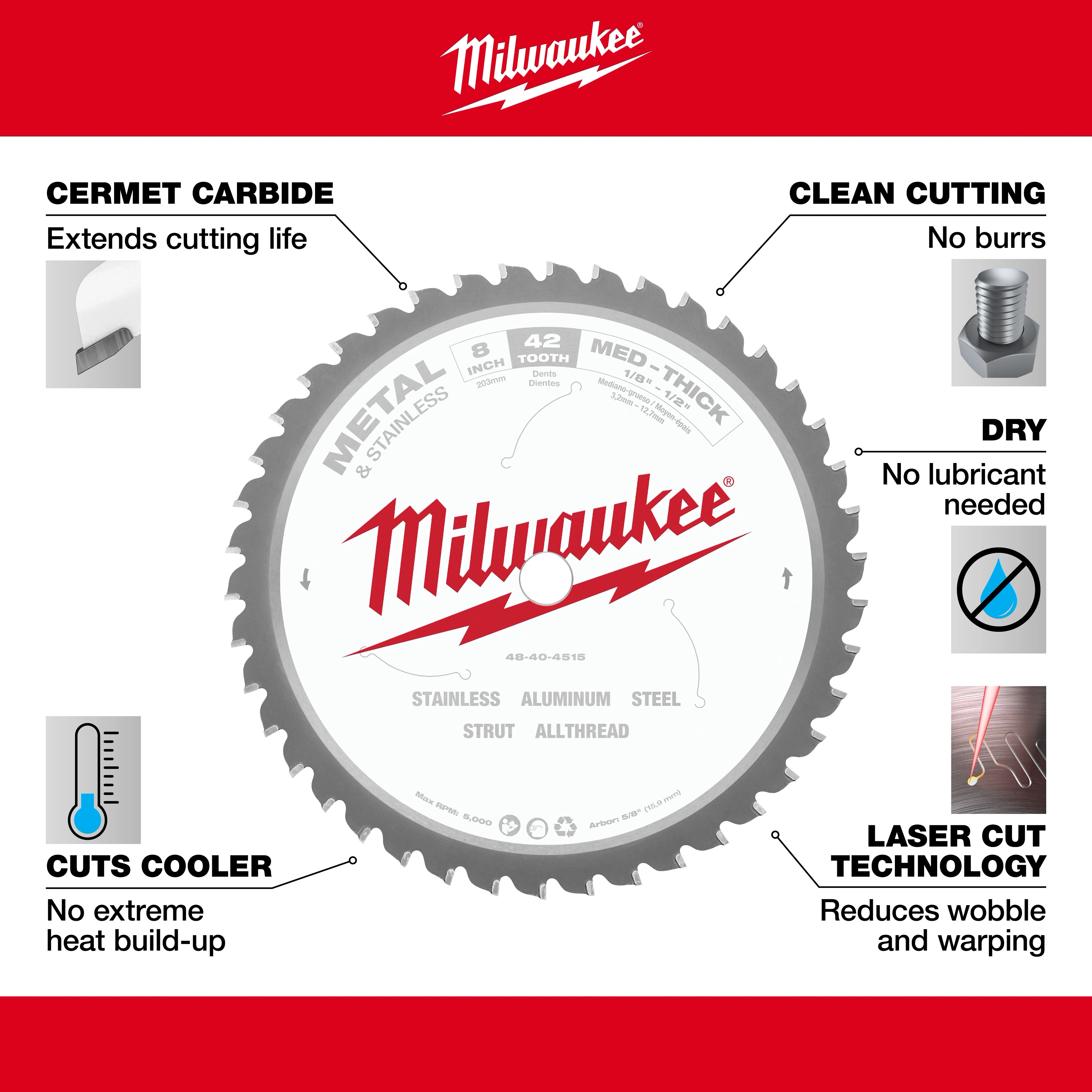 Milwaukee 48-40-4515 Walkaround circular saw blade for metal, featuring cermet carbide, laser cut technology, and clean cutting without lubricant.