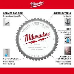 Milwaukee 48-40-4515 Walkaround circular saw blade for metal, featuring cermet carbide, laser cut technology, and clean cutting without lubricant.