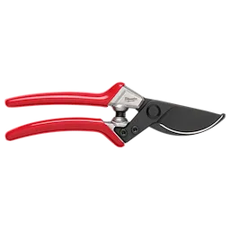 The image shows a 1" Pruner with red handles and a black cutting blade. It is made by Milwaukee.