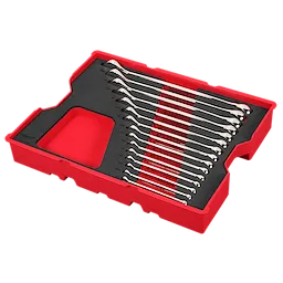 Image of a 15PC SAE Combination Wrench Set with Tray for PACKOUT™ Drawers. The set includes fifteen wrenches neatly organized in a black foam tray with a red plastic outer casing.