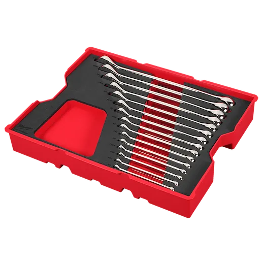 Image of a 15PC SAE Combination Wrench Set with Tray for PACKOUT™ Drawers. The set includes fifteen wrenches neatly organized in a black foam tray with a red plastic outer casing.