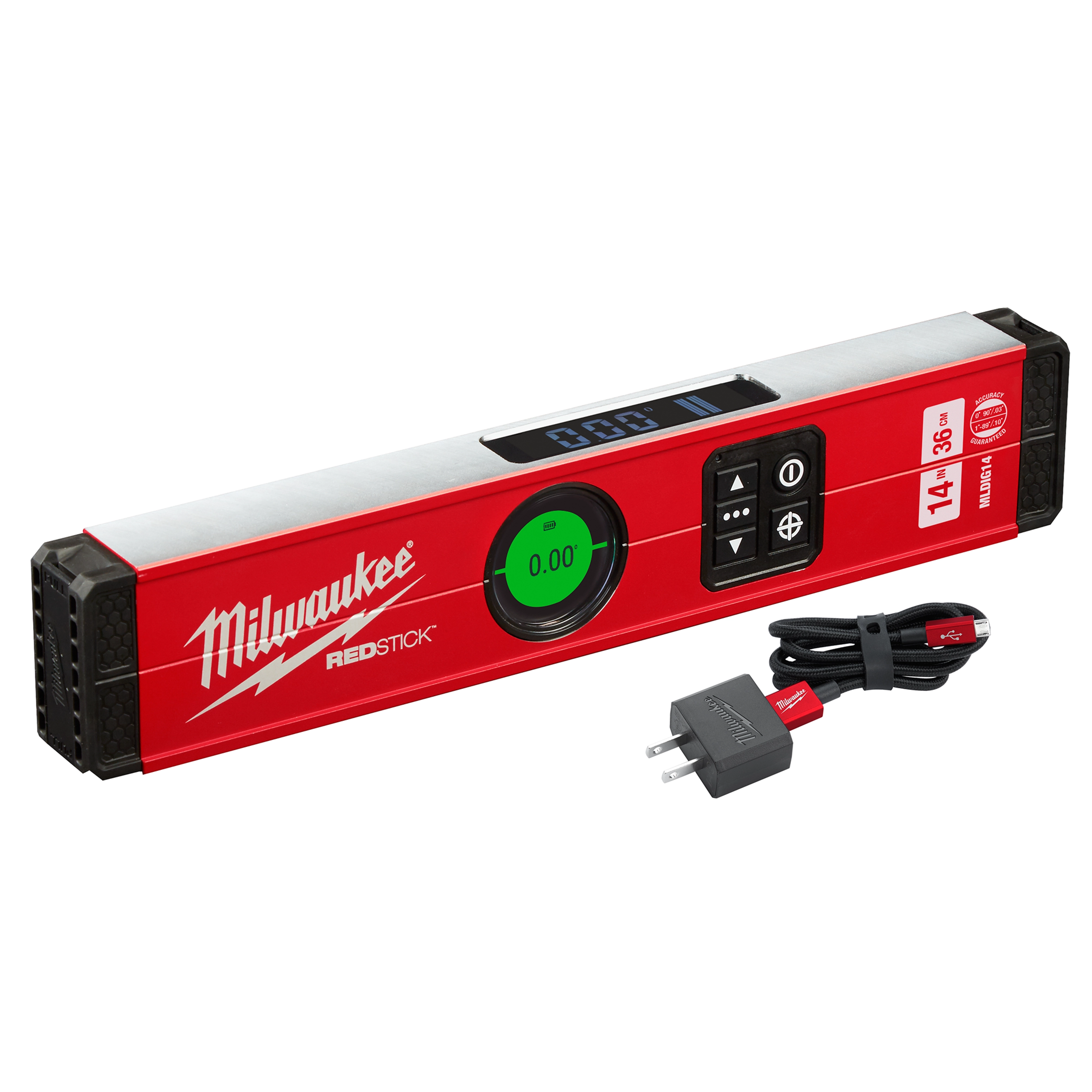 Milwaukee REDSTICK Digital Level with PINPOINT Measurement Technology features an LCD, a circular display, buttons, and a charging cable.