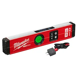 Milwaukee REDSTICK Digital Level with PINPOINT Measurement Technology features an LCD, a circular display, buttons, and a charging cable.