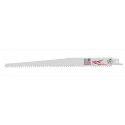 The Sawzall Blade is a silver reciprocating saw blade featuring an American flag and the manufacturer's red logo on one end. The blade has sharp, pointed teeth along the entire edge and a hole for attachment on the opposite end.