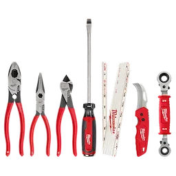 The 7 PC. Power Utility Hand Tool Set includes three pliers, a screwdriver, a folding ruler, a utility knife, and a ratcheting wrench. All tools feature a red and black design with the Milwaukee logo.