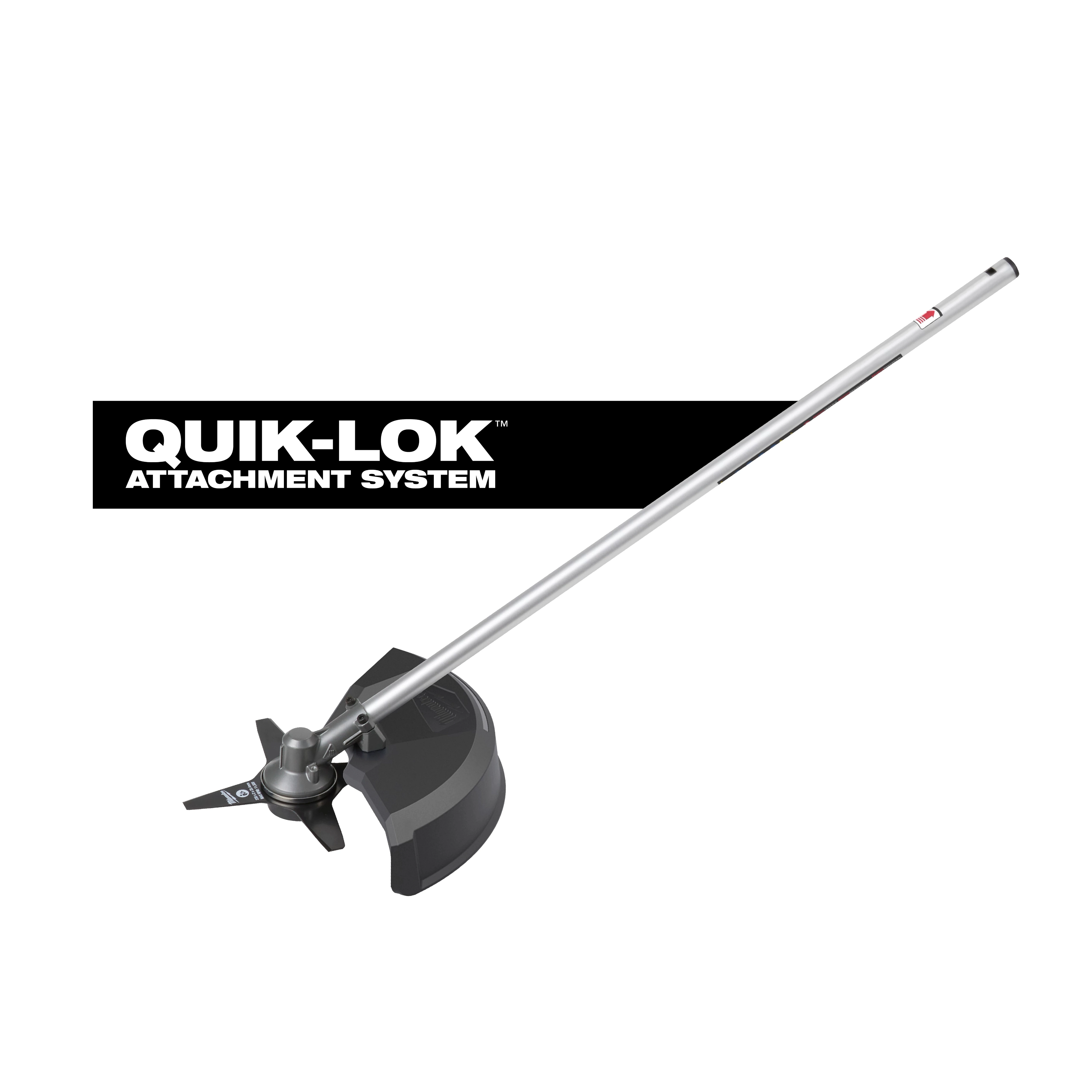 QUIK-LOK Brush Cutter Attachment with long metal shaft and cutting head on a plain background.