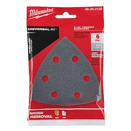 Milwaukee 3-1/2" 120 Grit Triangle Sandpaper 6PK in a red package with a clear window displaying the triangular sandpaper pads.