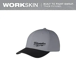 Dark gray fitted hat with black brim, featuring the Milwaukee logo in black. Product name: WORKSKIN Performance Fitted Hat.