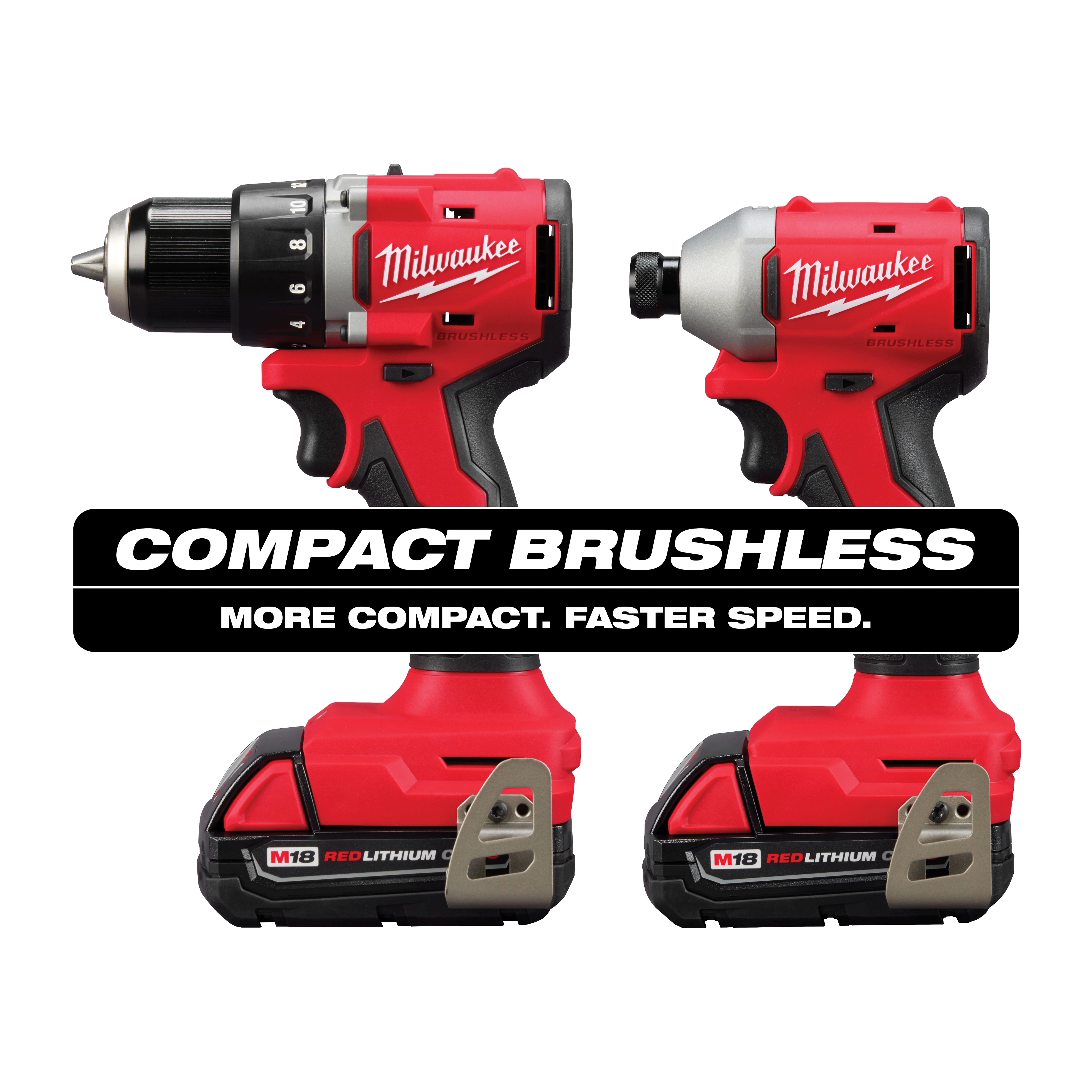 Milwaukee M18 Compact Brushless Hammer Drill and Impact Driver Combo Kit features two red and black tools with M18 batteries. Text reads, “COMPACT BRUSHLESS More Compact. Faster Speed.”