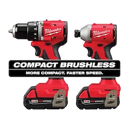 Milwaukee M18 Compact Brushless Hammer Drill and Impact Driver Combo Kit features two red and black tools with M18 batteries. Text reads, “COMPACT BRUSHLESS More Compact. Faster Speed.”