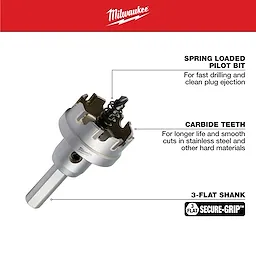 The One-Piece Carbide Hole Cutters feature a spring-loaded pilot bit for fast drilling and clean plug ejection, carbide teeth for long life and smooth cuts in stainless steel and other hard materials, and a secure-grip, 3-flat shank.