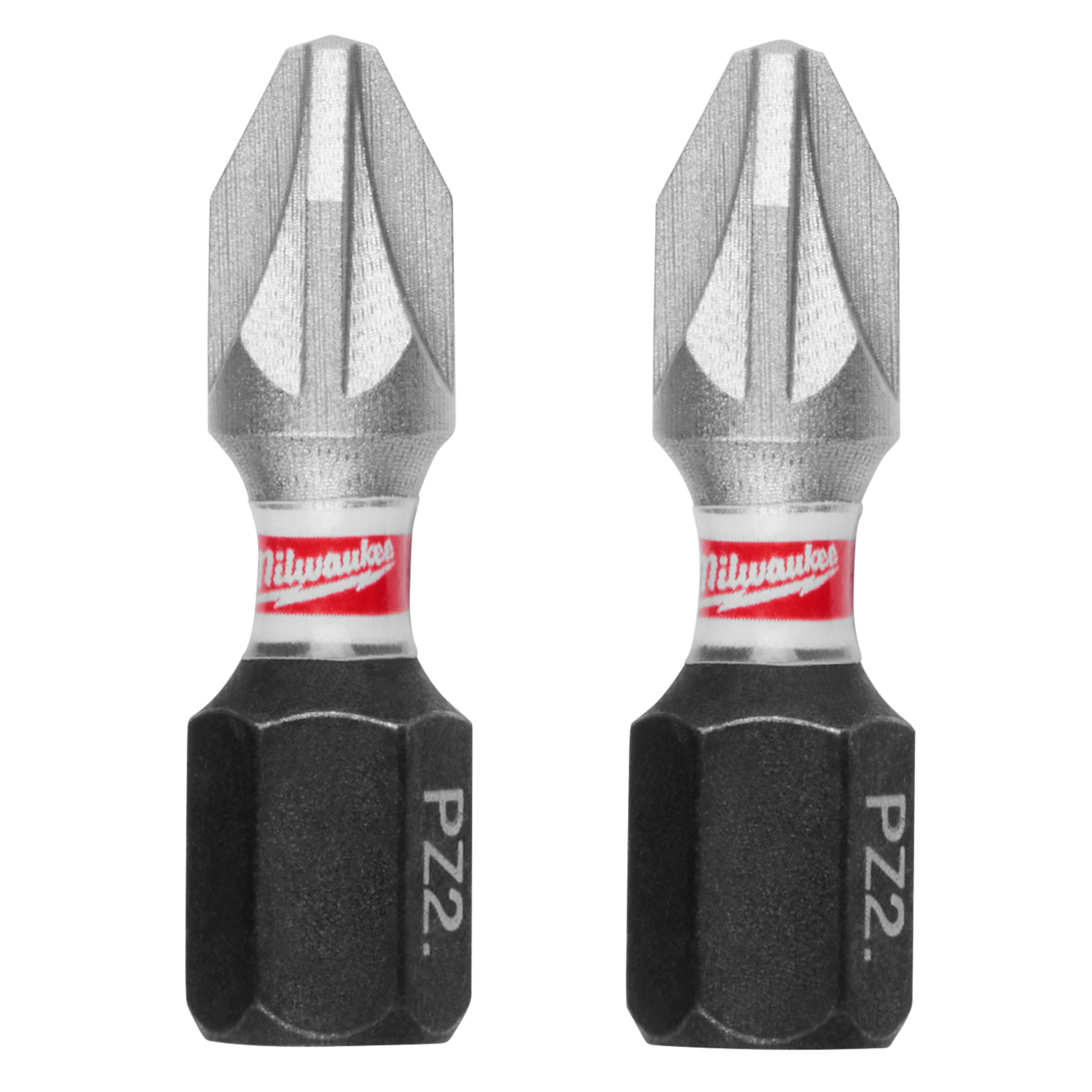 The image shows two Milwaukee PZ2 screwdriver bits side by side. Each bit features a silver tip, a red and white Milwaukee brand band in the middle, and a black hexagonal base with "PZ2" marked on it.