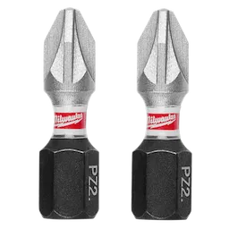 The image shows two Milwaukee PZ2 screwdriver bits side by side. Each bit features a silver tip, a red and white Milwaukee brand band in the middle, and a black hexagonal base with "PZ2" marked on it.