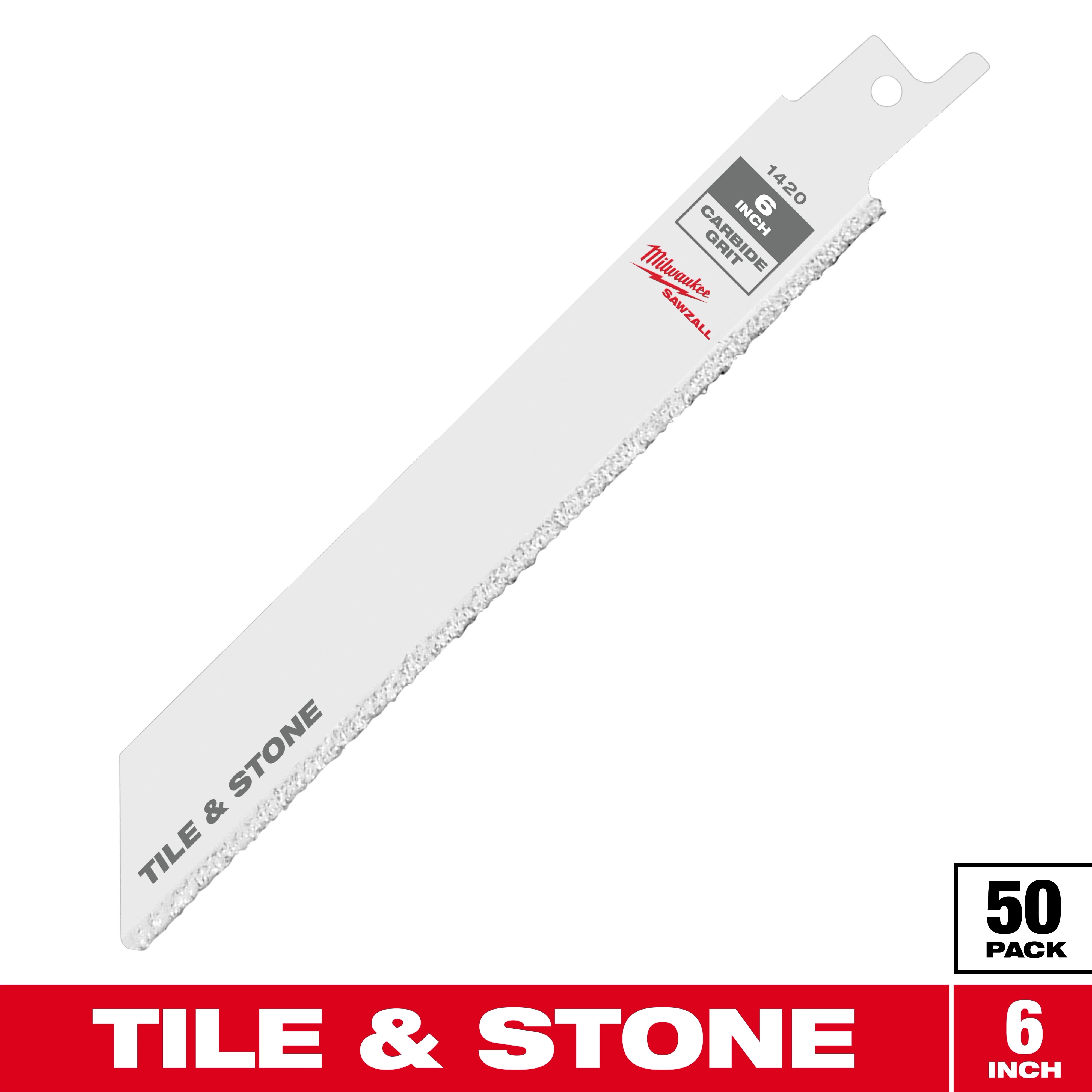Milwaukee 1420 Carbide Grit Reciprocating Saw Blade, designed for tile and stone cutting. The blade is 6 inches in length, white in color, and features grit edges. Packaging includes 50 blades.