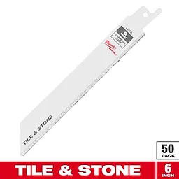 Milwaukee 1420 Carbide Grit Reciprocating Saw Blade, designed for tile and stone cutting. The blade is 6 inches in length, white in color, and features grit edges. Packaging includes 50 blades.