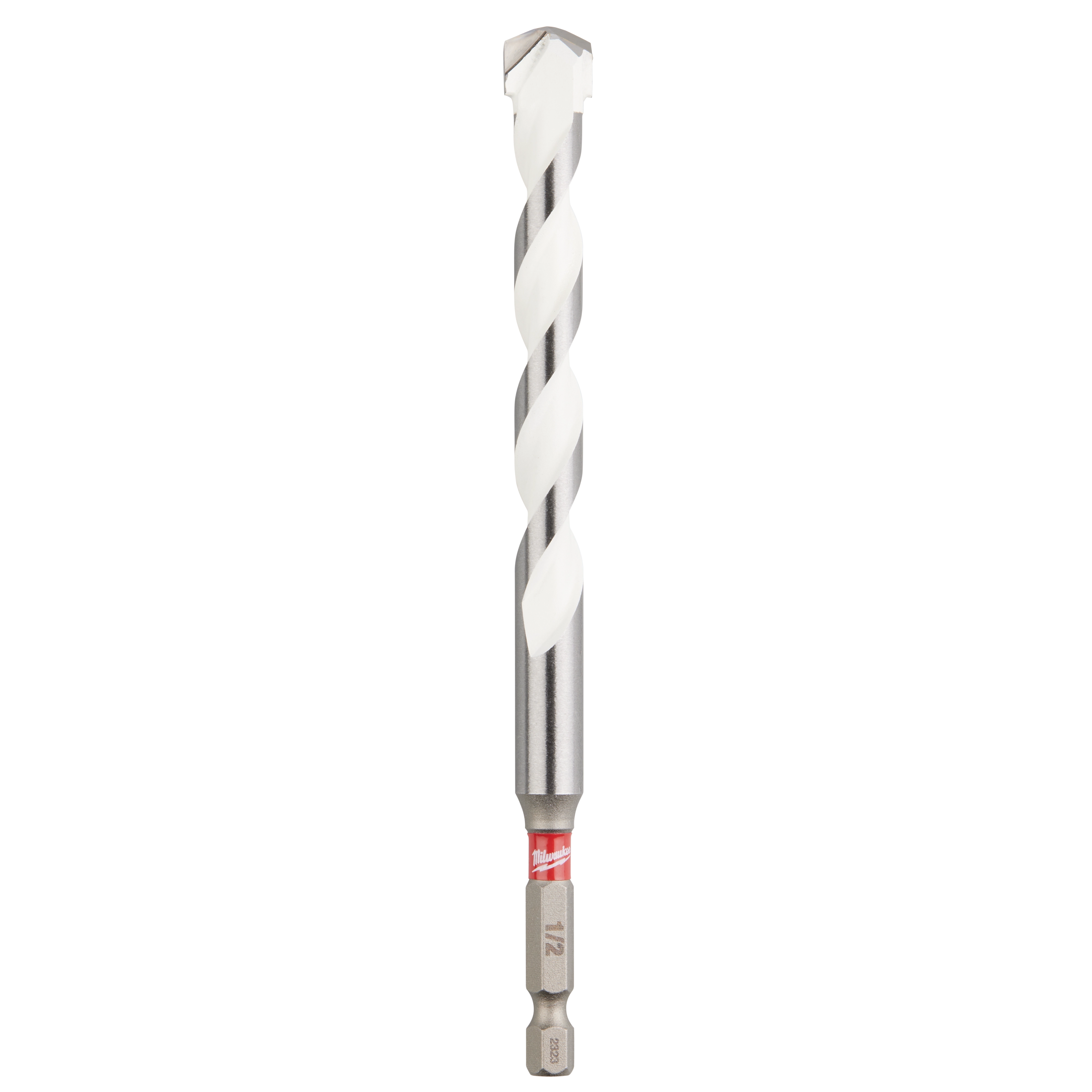 1/2" x 4" x 6" SHOCKWAVE Impact Duty Carbide Multi-Material Drill Bit featuring a silver and white spiral design.