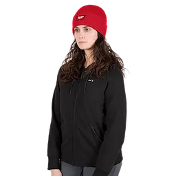 Image of a woman wearing the Milwaukee Rib-Knit Cuffed Beanie in red