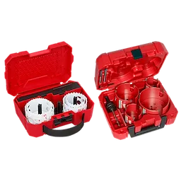 7pc Bi-Metal Hole Dozer Kit and BIG HAWG with Carbide Teeth Kit - 8PC, shown in two red carrying cases with various hole saws.