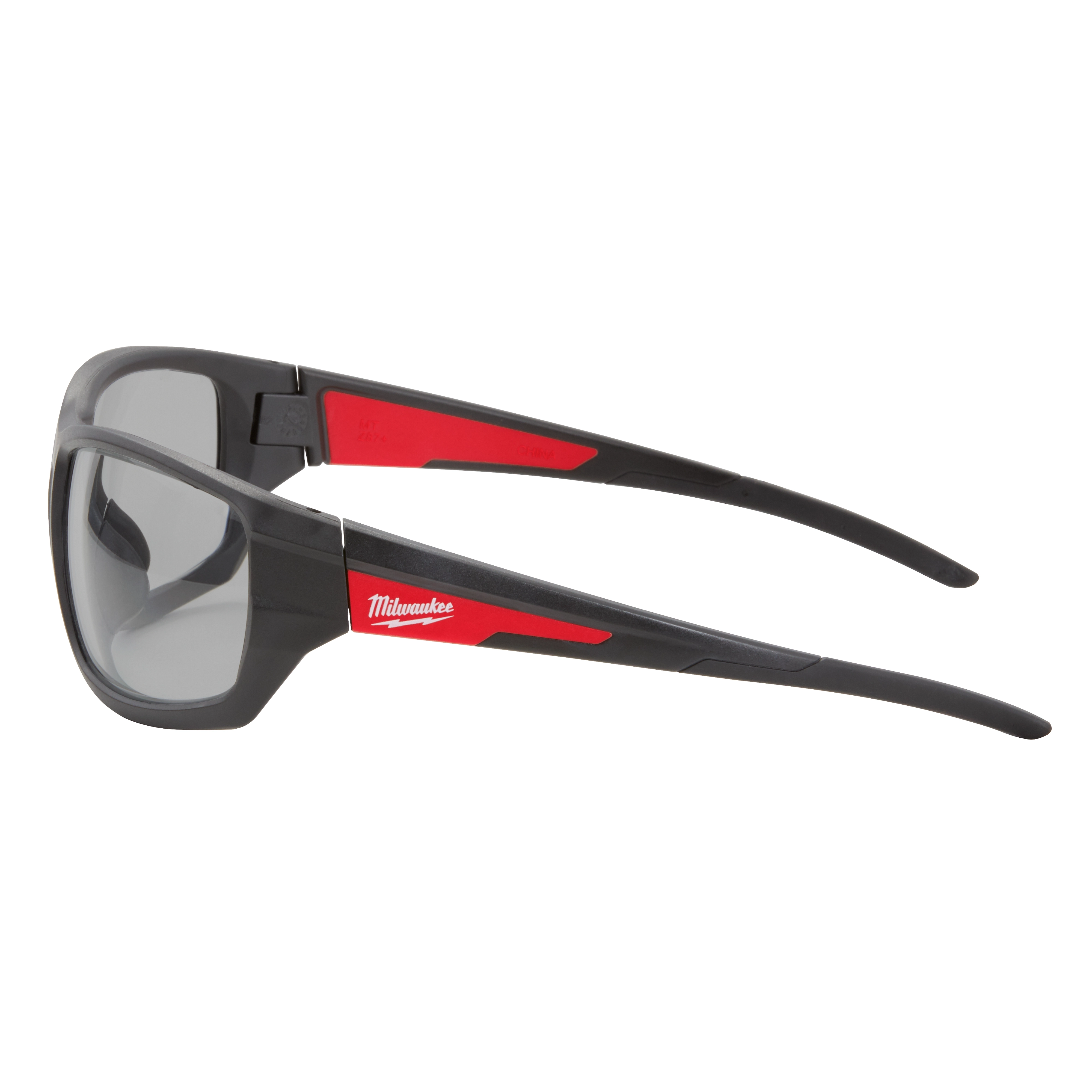 Performance Safety Glasses with gray fog-free lenses, featuring a black frame with red accents and branding on the temple.