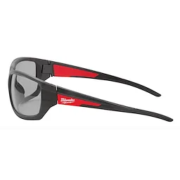 Performance Safety Glasses with gray fog-free lenses, featuring a black frame with red accents and branding on the temple.