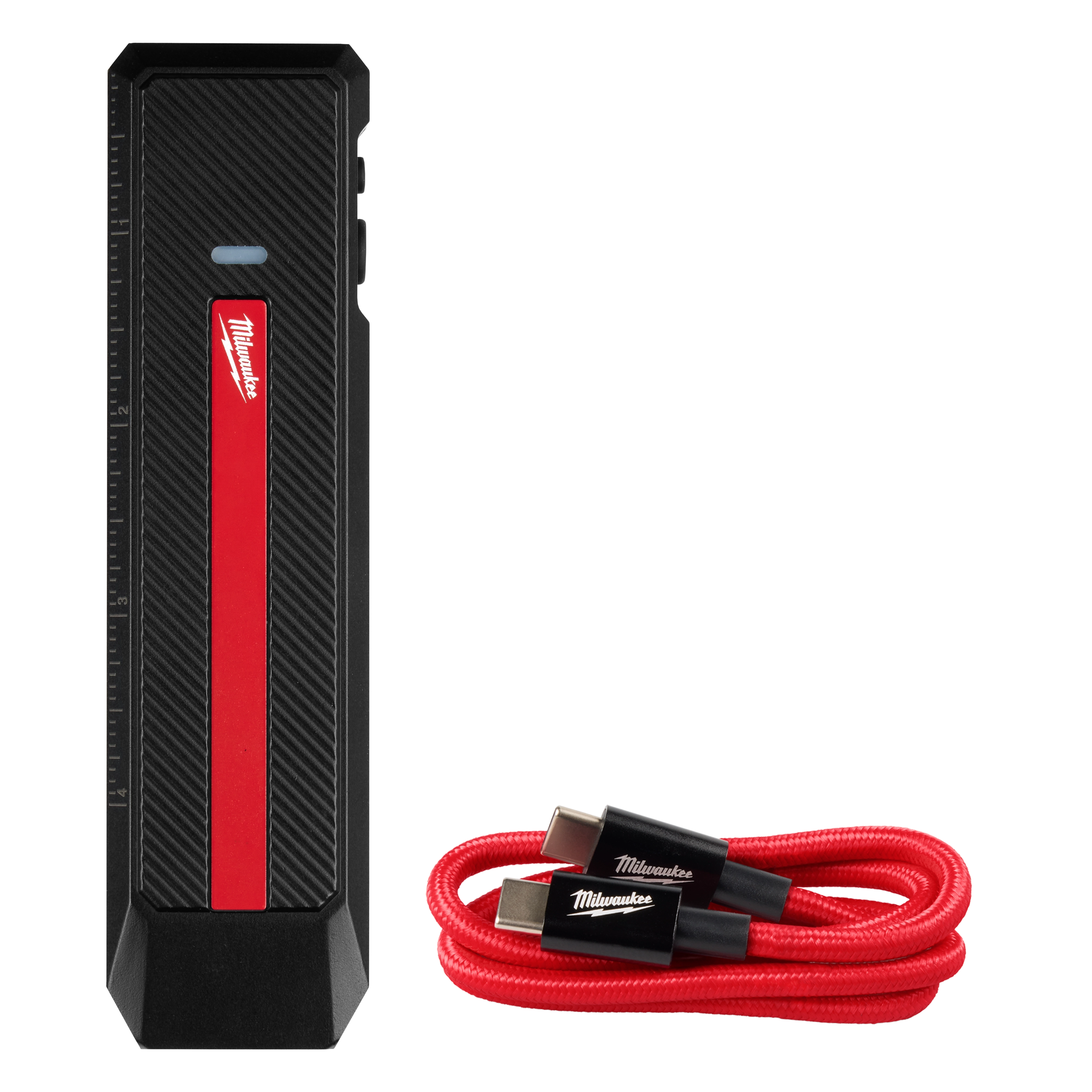 Milwaukee Rechargeable Flat Flashlight with Green Laser, featuring a sleek black and red design, along with a red USB cable.