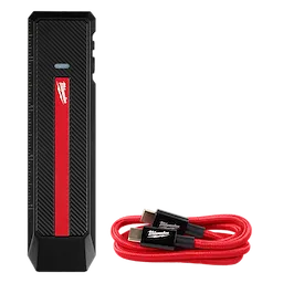 Milwaukee Rechargeable Flat Flashlight with Green Laser, featuring a sleek black and red design, along with a red USB cable.