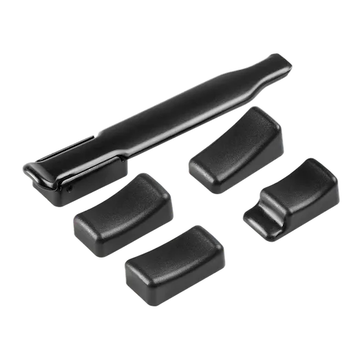 The M12 FUEL™ Ratchet Modular Trigger Cap Kit includes one elongated trigger cap and four ergonomic modular caps designed to fit the M12 FUEL™ ratchet. The components are black with a smooth finish, enhancing grip and comfort during operation.