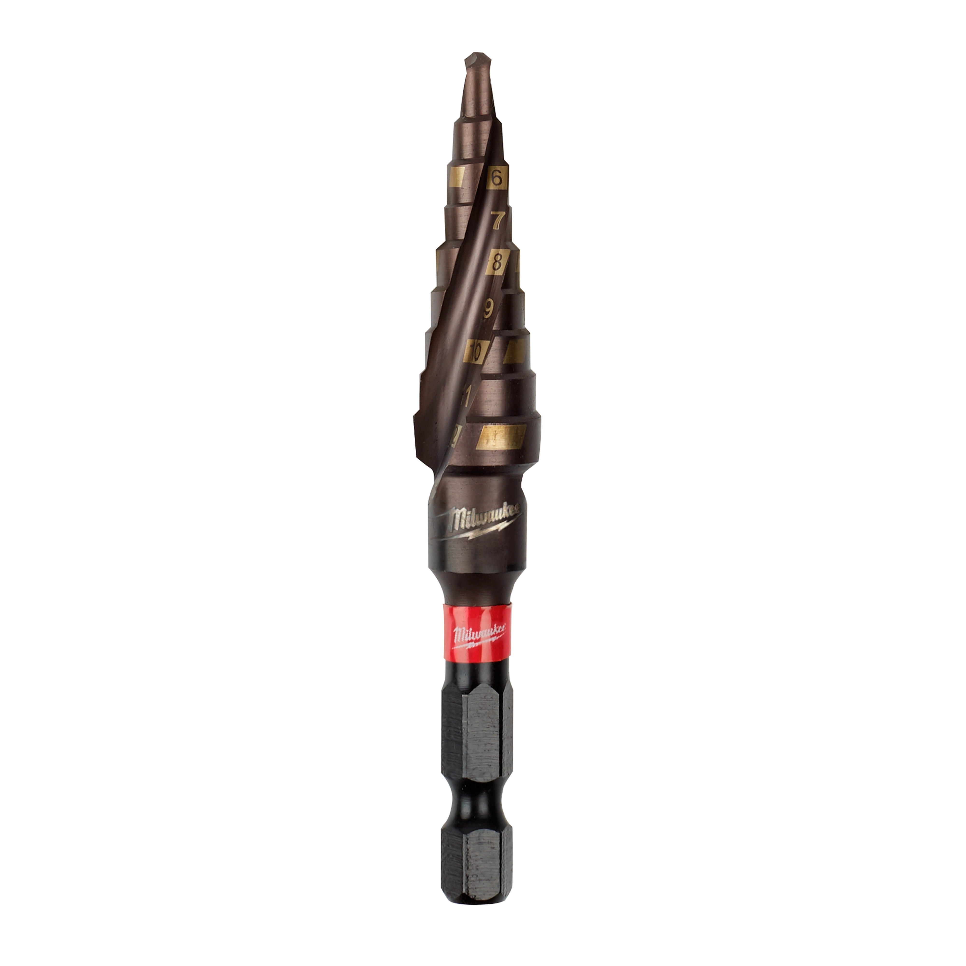 SHOCKWAVE Impact Duty Metric Step Bit 4-12mm, 9 Hole shown with a black and gold stepped design and hexagonal shank.