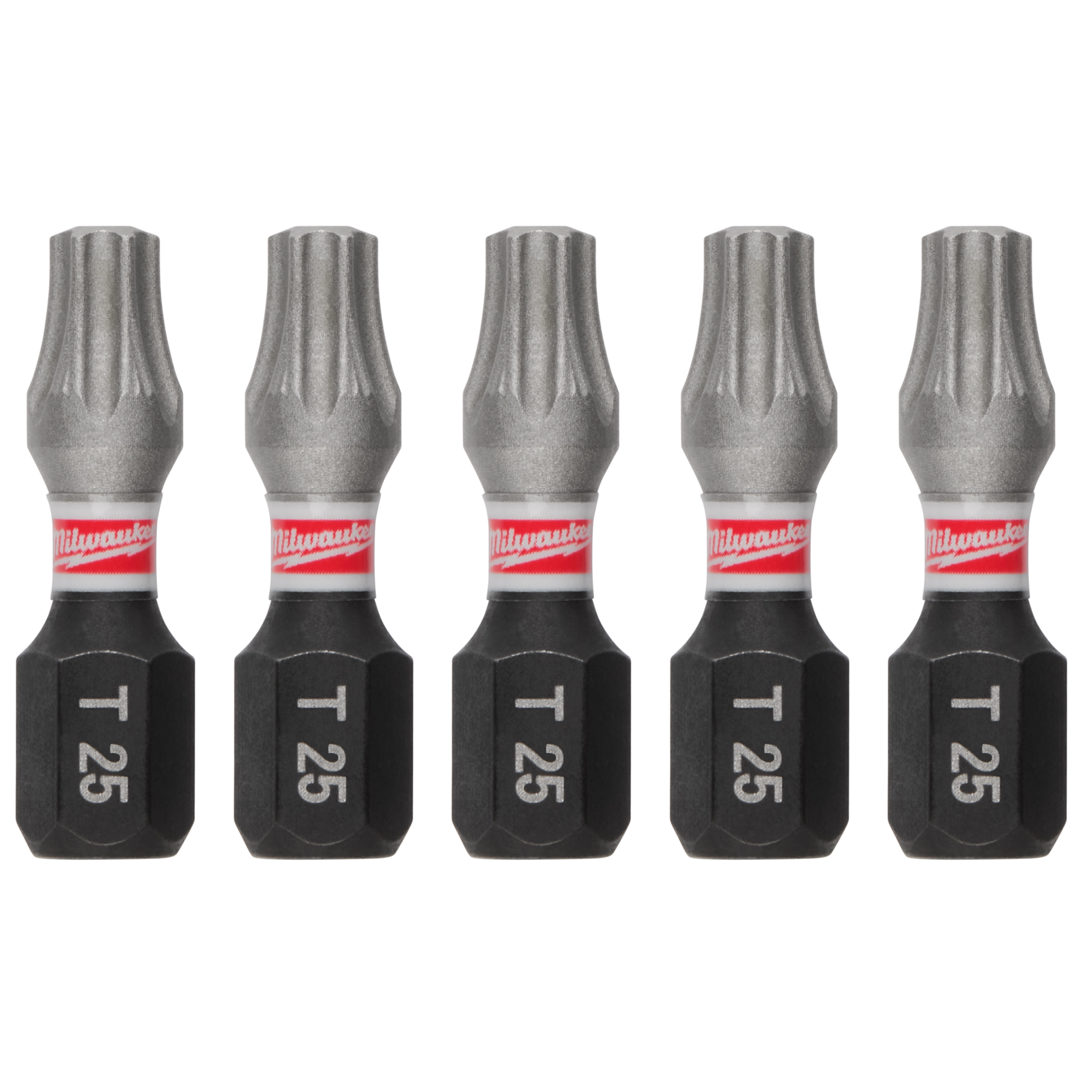 The image shows five SHOCKWAVE™ 1" Impact TORX® T25 Insert Bits (5 PK) aligned in a row. Each bit is marked with "T 25" and features a silver tip, red band, and black base. These bits are used for impact drivers.