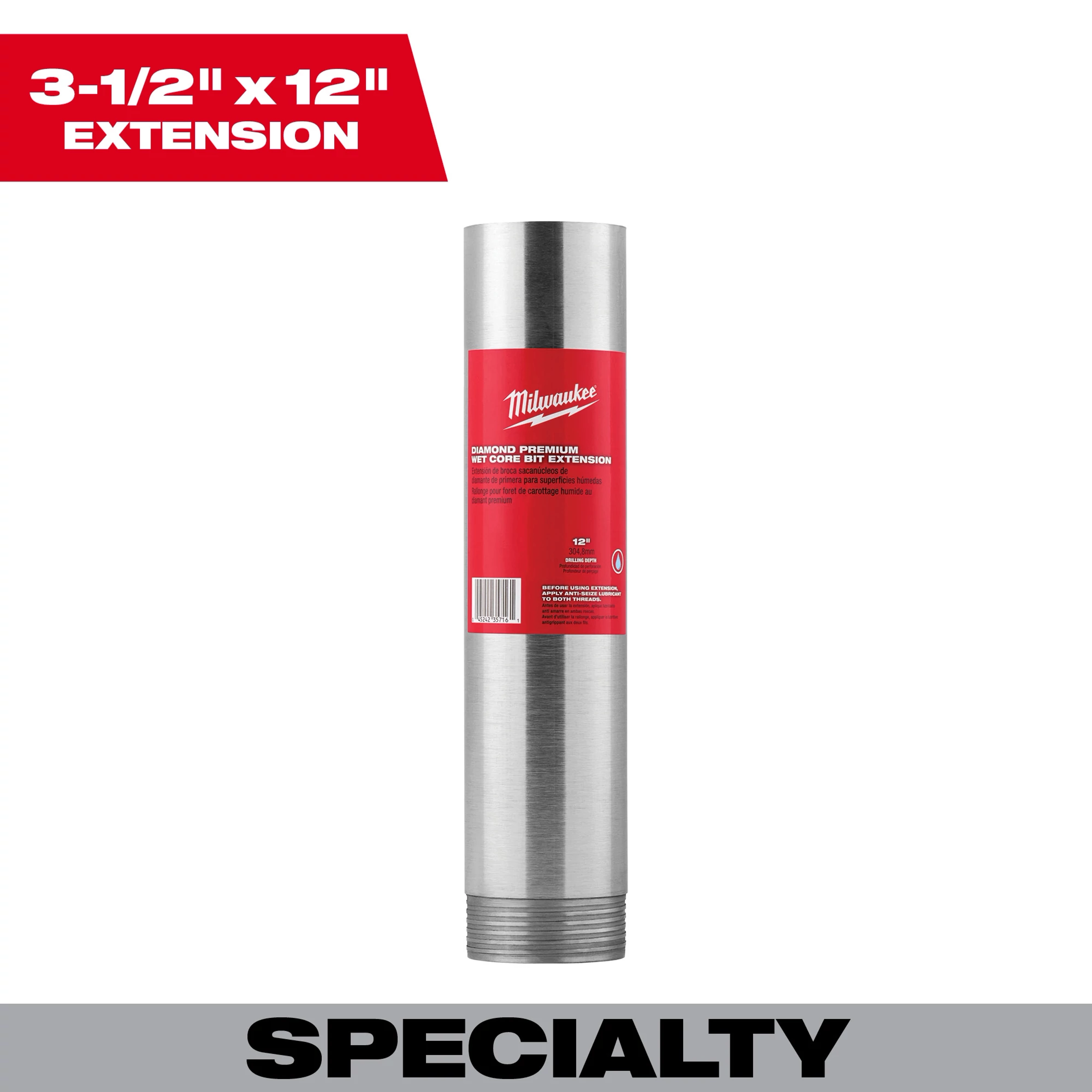 3-1/2" x 12" Diamond Premium Wet Core Bit Extension for drilling features a cylindrical stainless steel body with a red label.