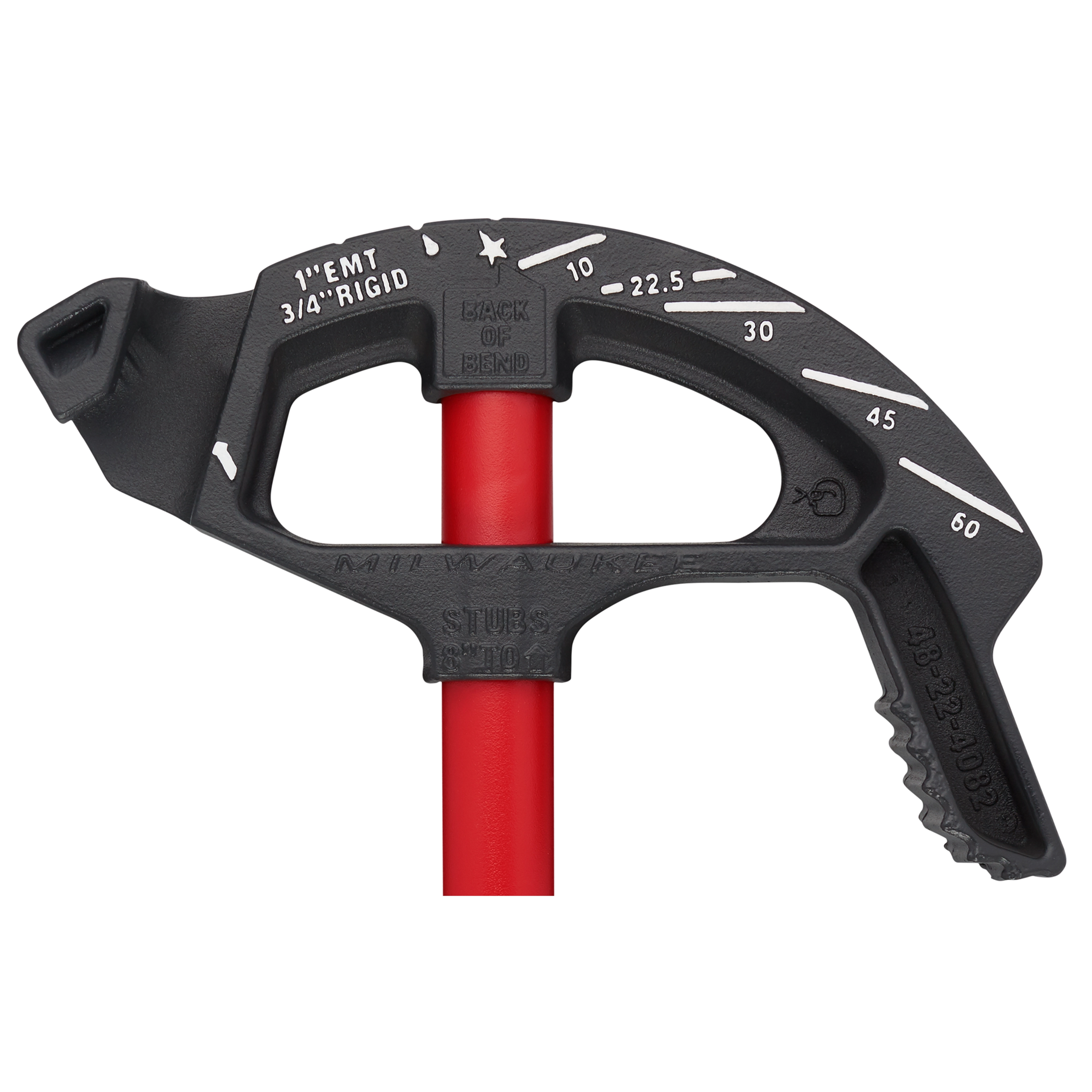 1" EMT Iron Conduit Bender with a red handle. Black metal head features angle markings and text for precision bending.