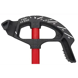 1" EMT Iron Conduit Bender with a red handle. Black metal head features angle markings and text for precision bending.