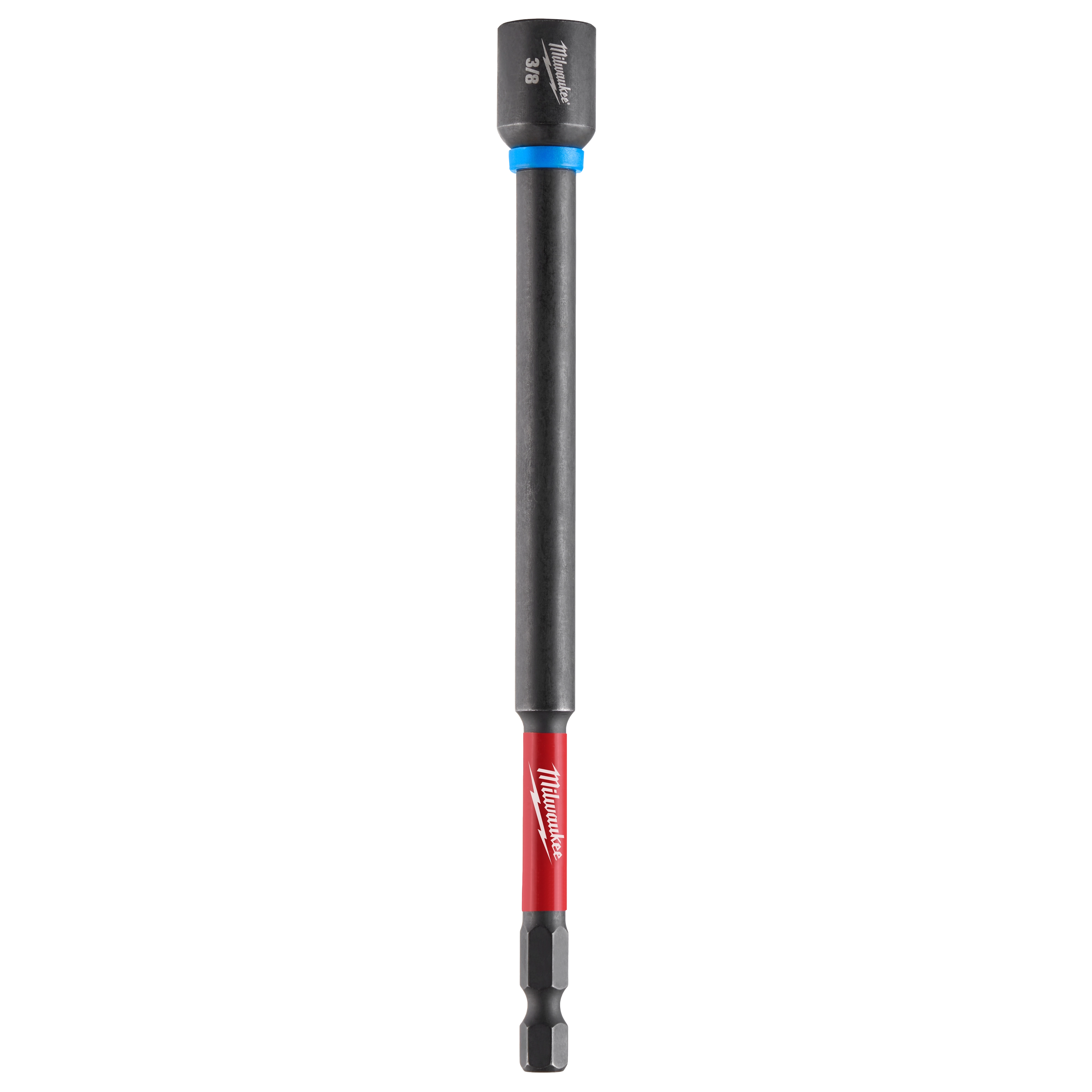 SHOCKWAVE Impact Duty 3/8" x 6" Magnetic Nut Driver featuring a black shaft, a blue ring, and a red grip handle with a logo.