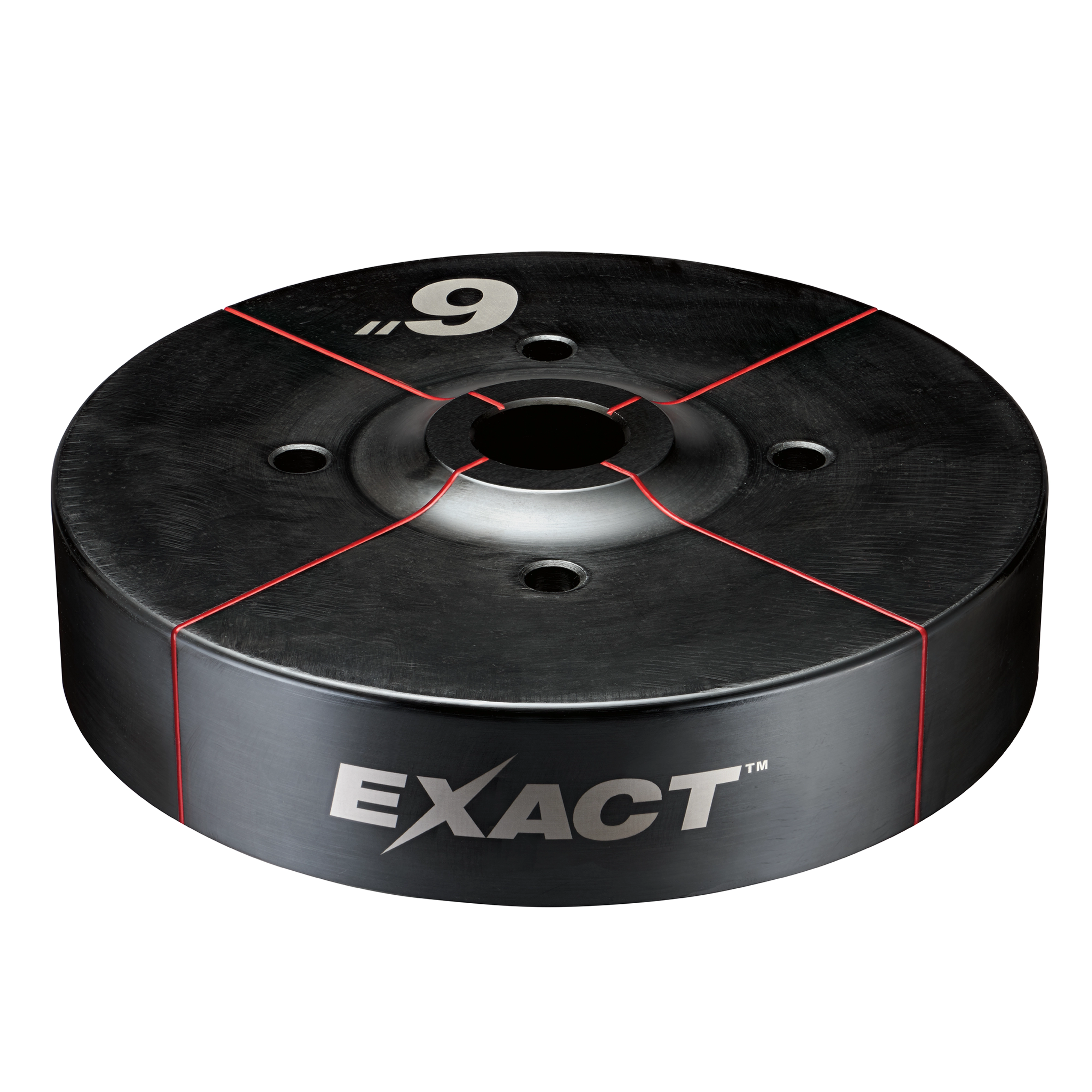 Exact™ 6" Conduit Knockout Punch made of black metal, featuring red alignment lines, central hole, and the brand name printed on the side. The top of the punch is marked with the number 9.