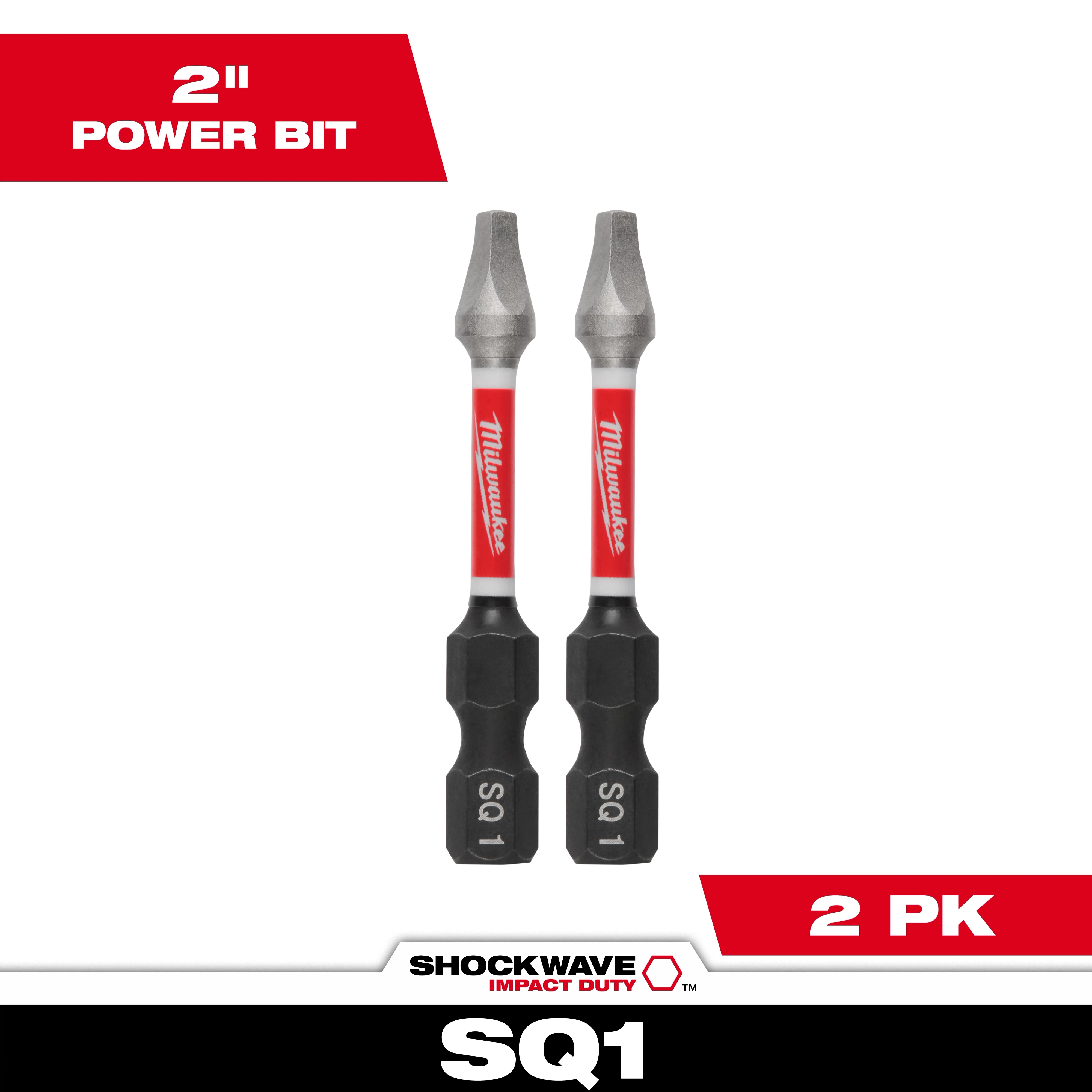 This image shows two SHOCKWAVE™ Impact Duty 2" SQ1 Bits by Milwaukee, packaged as a 2 pack. The bits are silver at the ends, red in the middle, and black at the base with "SQ1" engraved. Text reads "2" Power Bit" and "2 PK" in red and white.