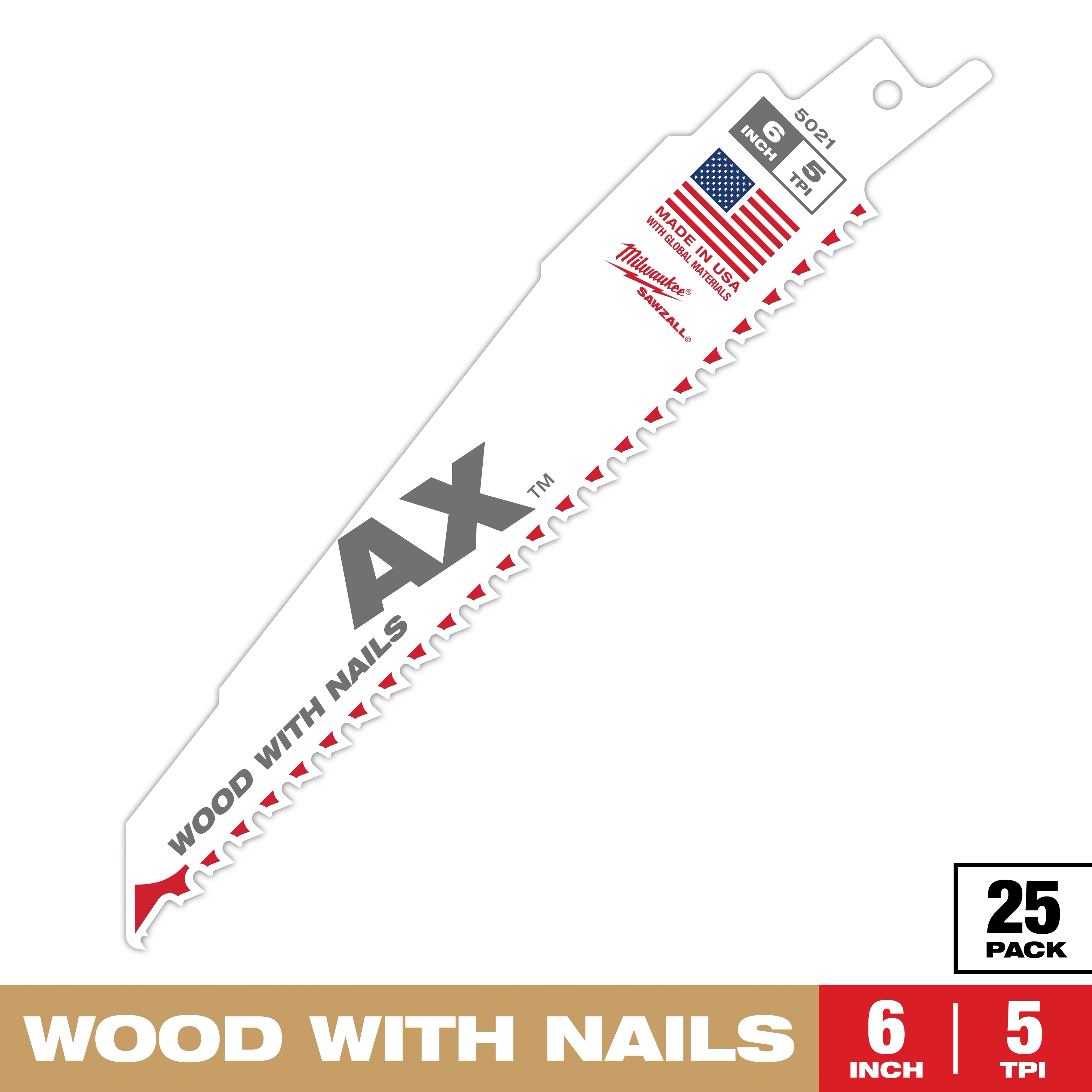 Sawzall Bi-Metal Carbide Primary Images is a 6-inch saw blade designed for cutting wood with nails. It has 5 teeth per inch and is made in the USA. The package contains 25 blades.