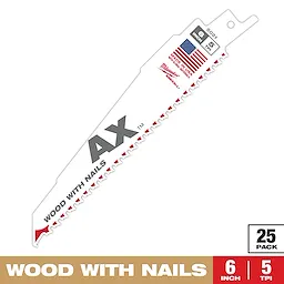 Sawzall Bi-Metal Carbide Primary Images is a 6-inch saw blade designed for cutting wood with nails. It has 5 teeth per inch and is made in the USA. The package contains 25 blades.
