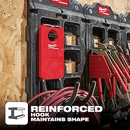 PACKOUT 6” Curved Hook mounted on a storage wall holding coiled cables and tools, with "Reinforced Hook Maintains Shape" text at the bottom.