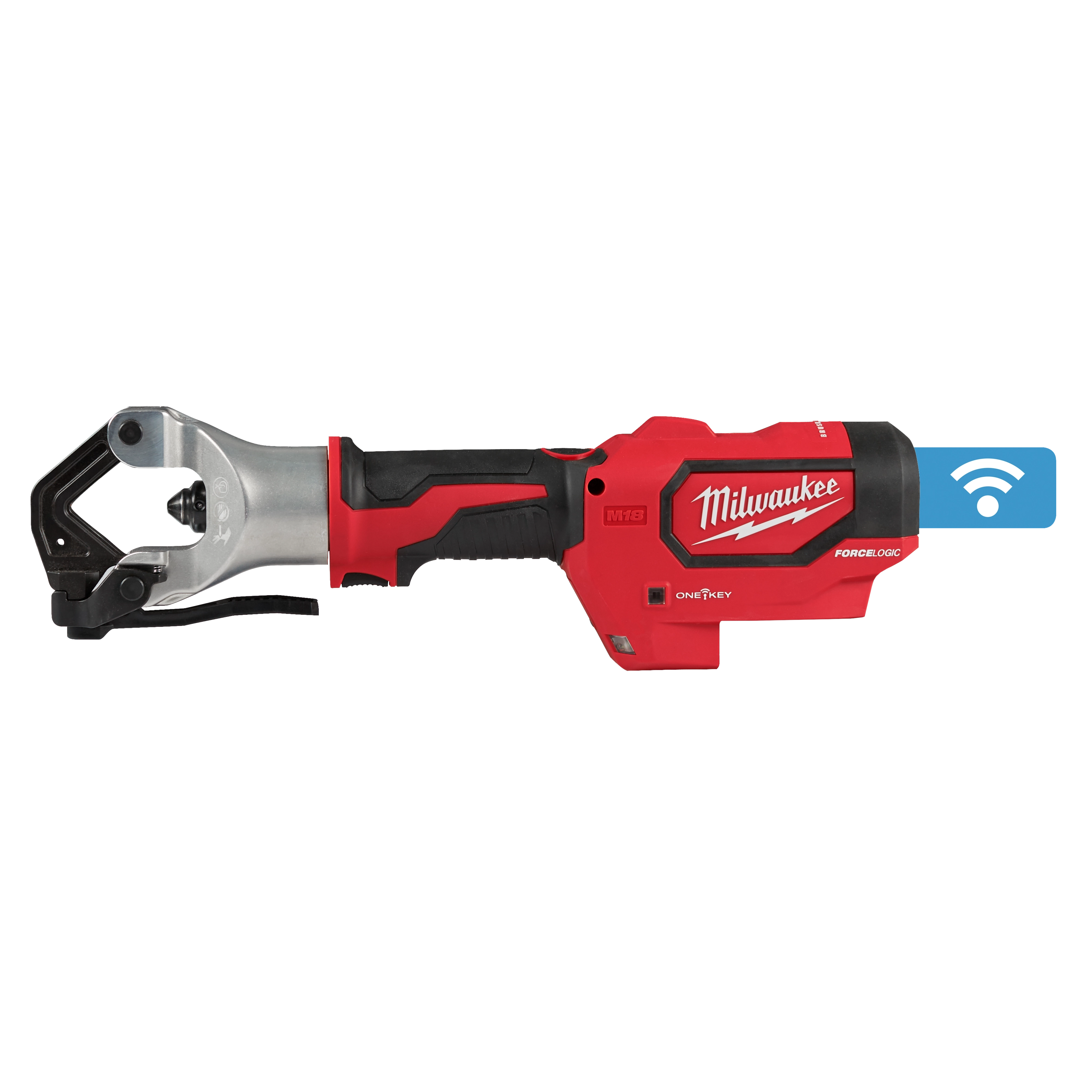 Milwaukee M18™ FORCE LOGIC™ 750 MCM Dieless Crimper, featuring a red and black body with a metallic crimping head, designed for easy wireless connectivity and handling in electrical tasks. The tool is ergonomic with a high-performance grip.