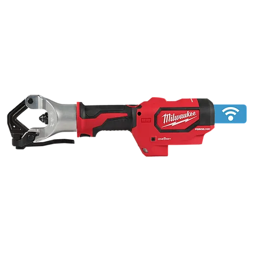 Milwaukee M18™ FORCE LOGIC™ 750 MCM Dieless Crimper, featuring a red and black body with a metallic crimping head, designed for easy wireless connectivity and handling in electrical tasks. The tool is ergonomic with a high-performance grip.