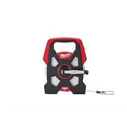 Red and black Milwaukee Long%20Tape product with a 300-foot measuring tape and a built-in handle for easy carrying and rewinding.