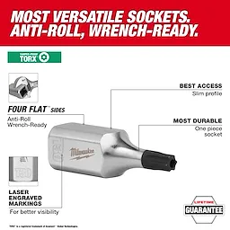 A 1/4” and 3/8” Drive Tamper Proof TORX Bit Socket Set, featuring an anti-roll design, slim profile, and laser engraved markings.