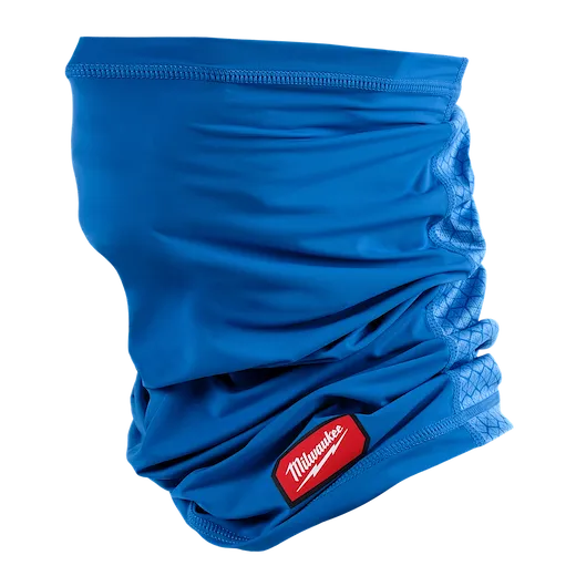Blue Cooling Neck Gaiter with the Milwaukee logo on a red tag. The fabric appears breathable and flexible, designed to keep the neck cool and comfortable during use.