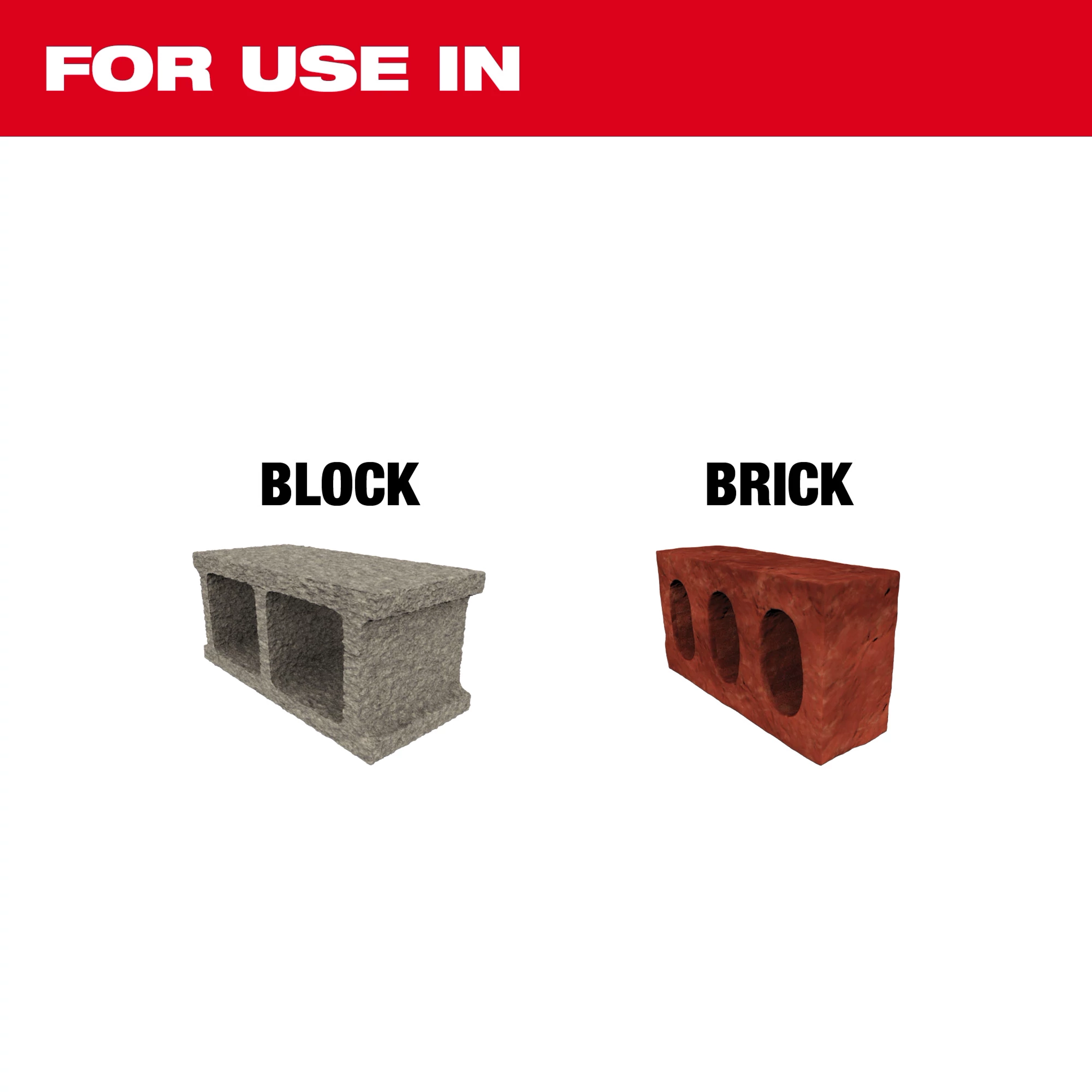 Dry Masonry Bit For Use In block and brick. The image includes a grey concrete block labeled "BLOCK" and a red brick labeled "BRICK."