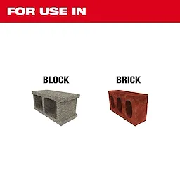 Dry Masonry Bit For Use In block and brick. The image includes a grey concrete block labeled "BLOCK" and a red brick labeled "BRICK."