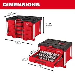 The Master Mechanics Hand Tool Set with PACKOUT™ Drawers includes red and black stackable drawers. Dimensions are 22.2" x 16.3" x 14.3", and drawers extend 12.5", holding various tools. Each drawer is 2.5" deep. Measurements in centimeters are also provided.