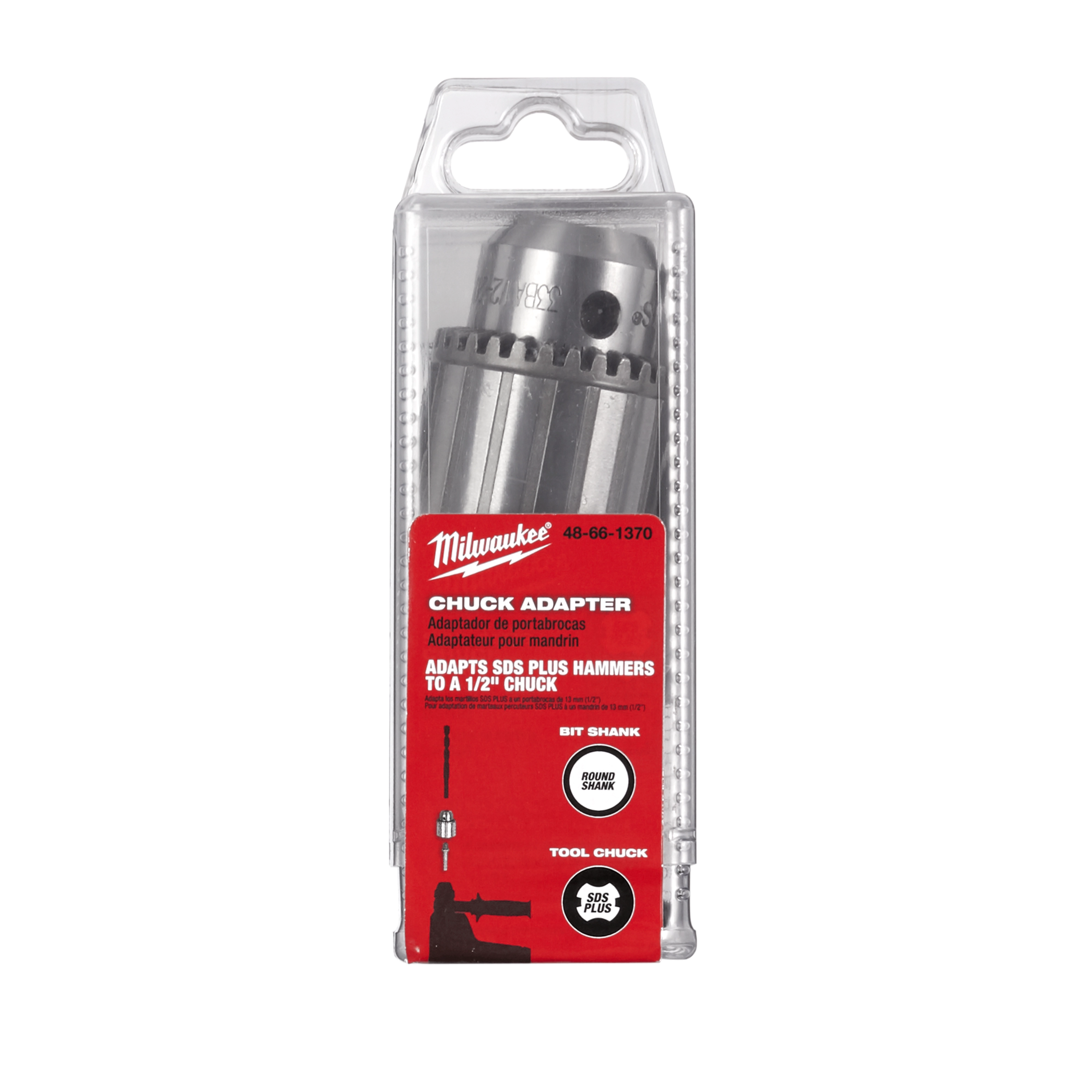 Milwaukee Chuck Adapter in packaging, adapts SDS Plus hammers to a 1/2" chuck. Includes bit shank and tool chuck illustrations on label.