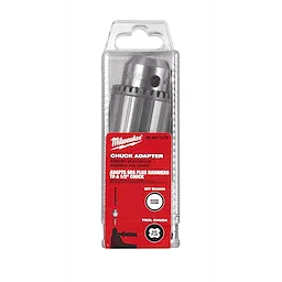 Milwaukee Chuck Adapter in packaging, adapts SDS Plus hammers to a 1/2" chuck. Includes bit shank and tool chuck illustrations on label.