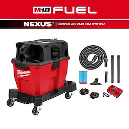 The M18 FUEL™ NEXUS™ 9 Gallon Dual-Battery Wet/Dry Vacuum Kit features a red and black wheeled vacuum, hose, various attachments, two M18 batteries, a charger, and a filter. The vacuum system is modular and designed for both wet and dry cleaning tasks.