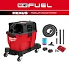 The M18 FUEL™ NEXUS™ 9 Gallon Dual-Battery Wet/Dry Vacuum Kit features a red and black wheeled vacuum, hose, various attachments, two M18 batteries, a charger, and a filter. The vacuum system is modular and designed for both wet and dry cleaning tasks.